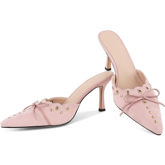Pink SaraIris Women’s Black Studded Slingback Mules Pointed Toe High Heels
